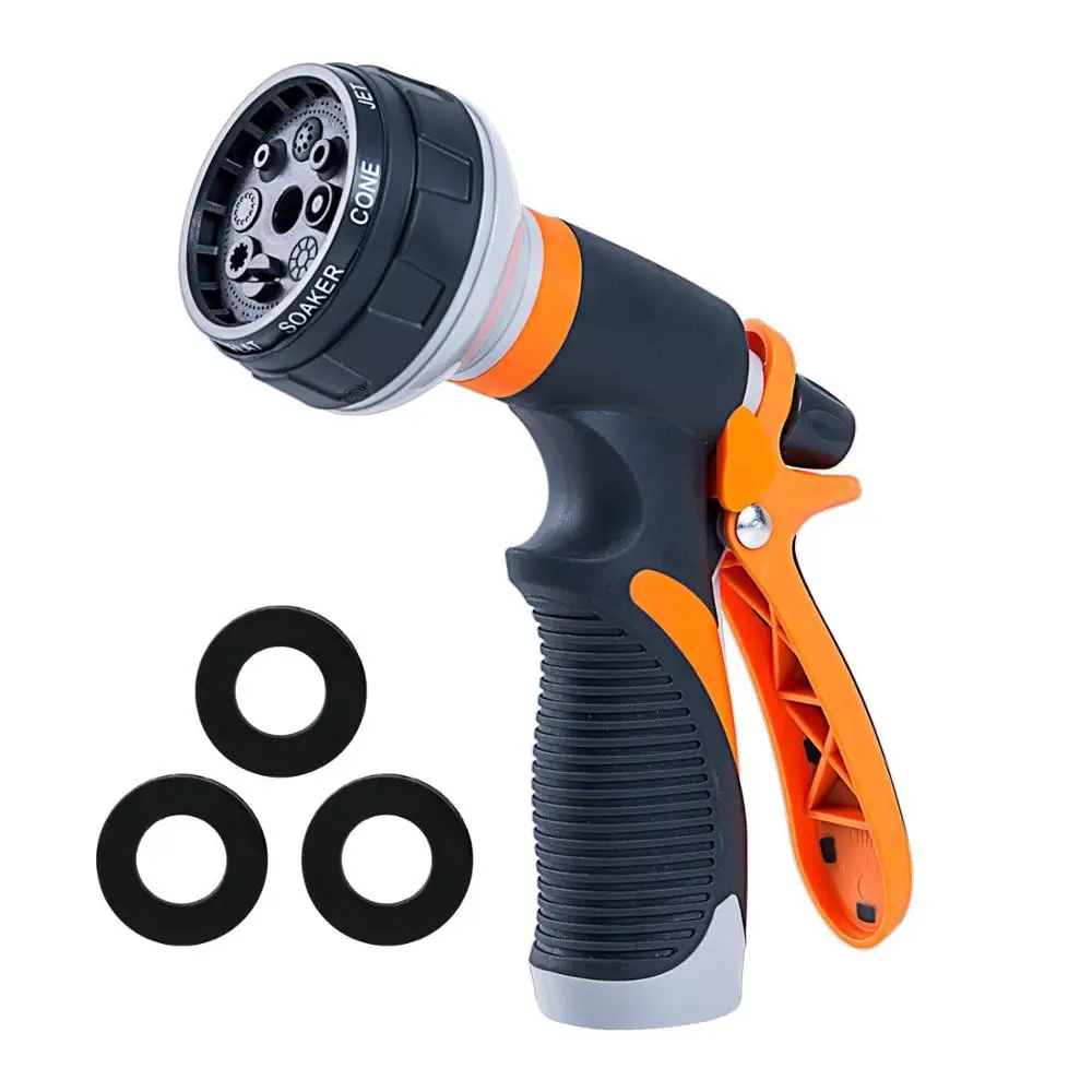 

Plastic 8 pattern garden water gun with washer, Orange and gray