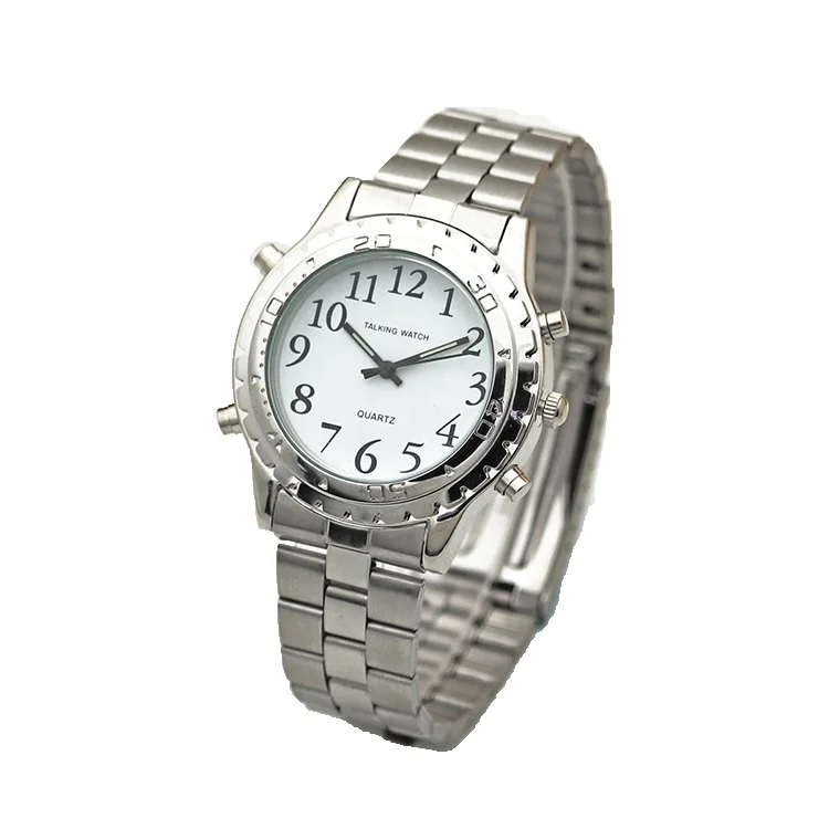 

Alarm Clock Unisex Alloy relojes hombre Visually Impaired People English Talking Watch for Blind People, Silver