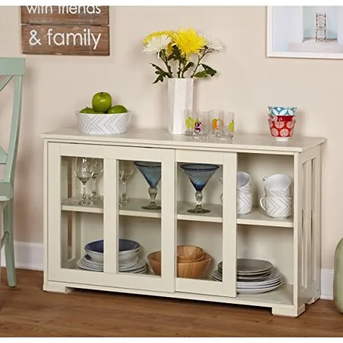 Sliding Tempered Glass Doors Stackable Storage Cabinet, Multiple Colors, Stackable Cabinet Option, One Adjustable Shelf, Sliding Doors, Finish: Antique White, Espresso