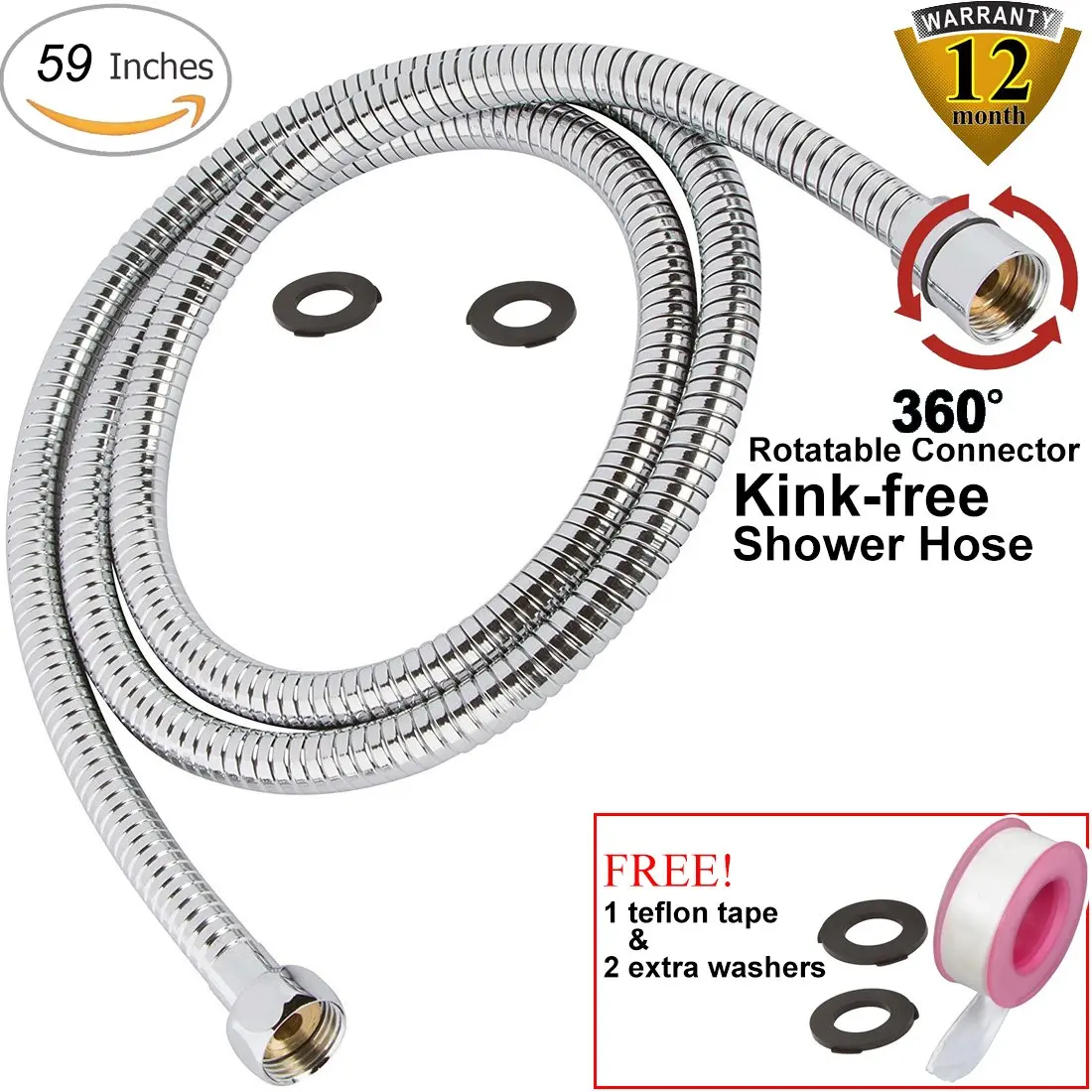 ThreeE Kink-free Shower Hose for Handheld Showerhead Replacement Anti-twist Stainless Steel Metal Shower Hose Extension 360 Degree Swivel with 2 BRASS//COPPER Connectors Brushed Nickel 59 Inches