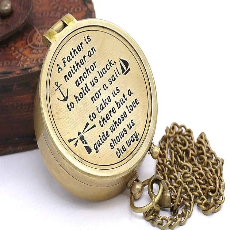 Engraved Brass Customized Solid Antique Compass Hiking Camping Designer Gift For Dad Nautical