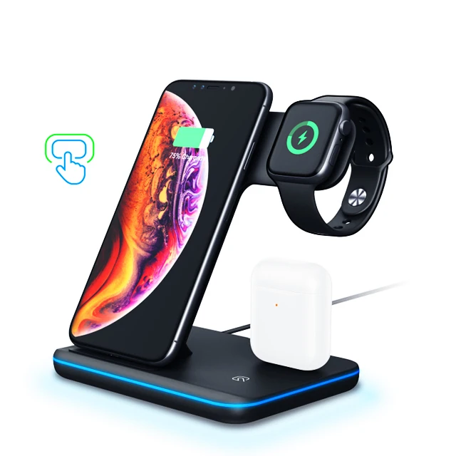 

UUTEK Z5 2021 new product 3in1 Qi wireless charger 15W For cellphone smart watch earphone charging with LED pedestal