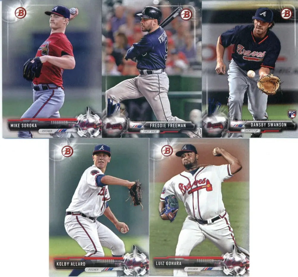 2017 Bowman & Prospects Atlanta Braves Team Set of 10 Cards: Freddie Freeman(#44), Dansby Swanson(#57), Kevin Maitan(#BP100), Ronald Acuna(#BP127), Travis Demeritte(#BP144), Luiz Gohara(#BP17), Kolby Allard(#BP47), Mike Soroka(#BP5), Patrick Weigel(#BP74), Abrahan Gutierrez(#BP78)