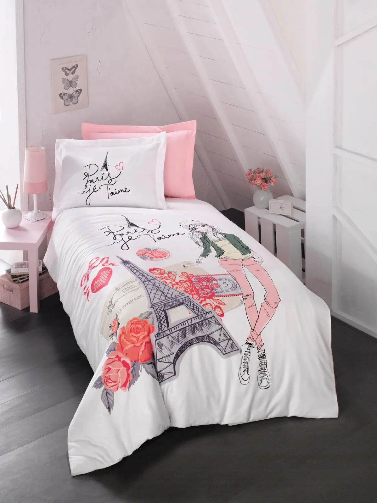 Pink Color Bedding 100 Turkish Cotton Paris Eiffel Tower Themed