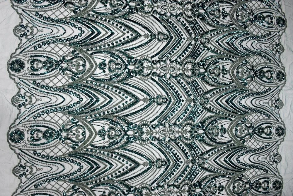 
newest dark green sequin net embroidery fabric embroidery tulle lace wedding lace fabric with beads HY0721-2 