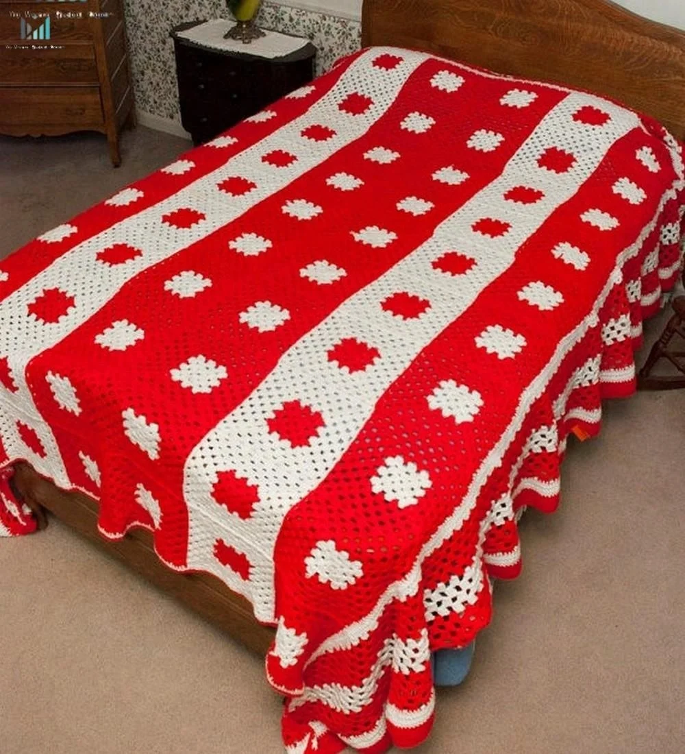
Vintage Granny Squares Hand Crochet , 86 x 105, Full Size Bed, Red & White Crochet Bedspread 
