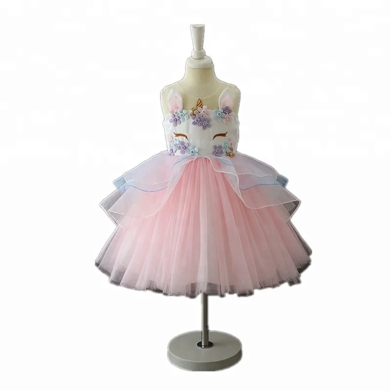 

Fashion Hot Sale Sweet Embroidery Flower Girls Unicorn Dress, 4 colors for choose