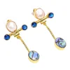 Unique Australian Abalone Shell Pearl Blue Quartz Gemstone Brass Earrings, Gold Plated Brass Jewelry, Indian Earrings Jewelry