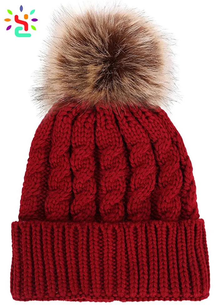 Plain Beanie Hat Pom With Faux Fur Ball Pom Beanie Knit Winter Hats 