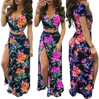 

M482 sexy floral printed crop top and split skirt two pieces set women clothing