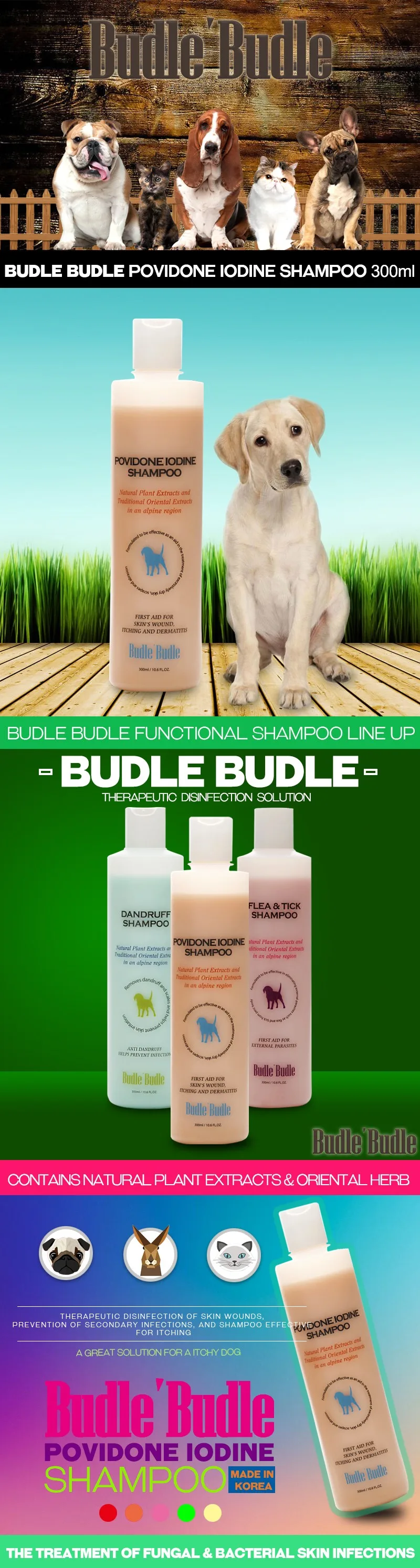 Budle Budle Povidone Iodine Dog Shampoo 300ml 10.58oz For All Pets Vera
