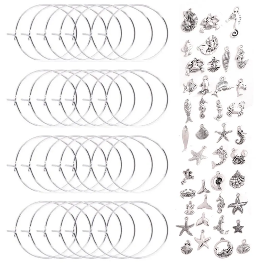 100 Pieces Wine Glass Charm Rings Earring Hoops and 100 Pieces Ocean Fish & Sea Charms Pendants for DIY Your Unique Wine Glass Marker 