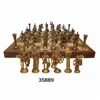 Antique Wooden Chess Board With Indian Brass Chess Pieces Set