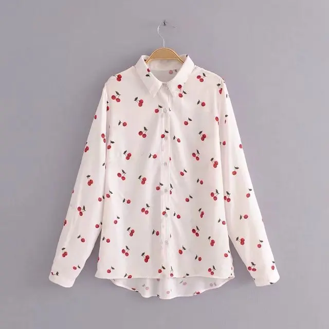 

Women's wild style cherry print custom loose white long-sleeved shirt top, Pink