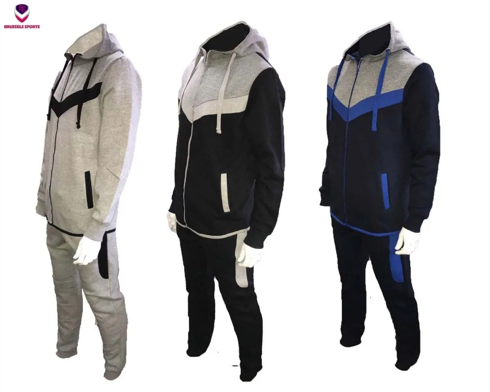 Mens Contrast Panel Top Hoodies Bottoms Jogging Tracksuit Set