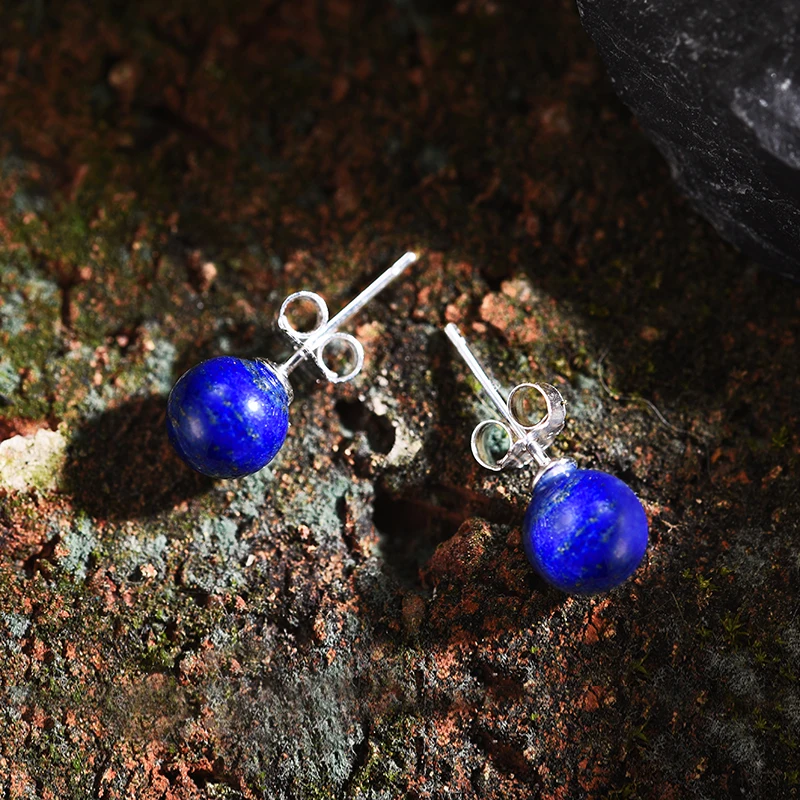 

925 Sterling Silver Round Shape Natural Lapis Simple Earring Stud For Women Wholesale Jewelry