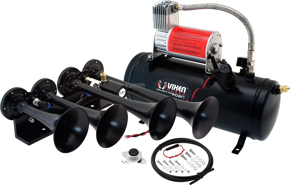 Vixen Horns Loud 149dB 4//Quad Black Trumpet Train Air Horn with 1 Gallon Tank and 150 PSI Compressor Full//Complete Onboard System//Kit VXO8210//4124B