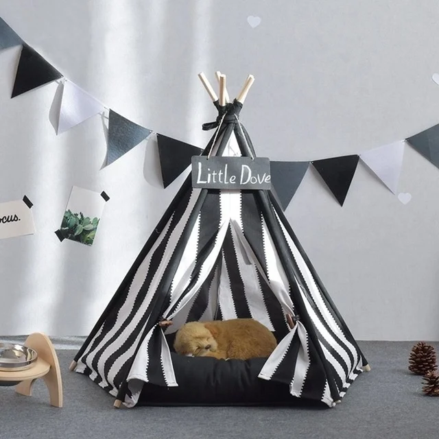 

Foldable Pop Up Cat House Pet Tent Dog Teepee Tent Tipi Tent Pet Beds Accessories, Black-white;cactus
