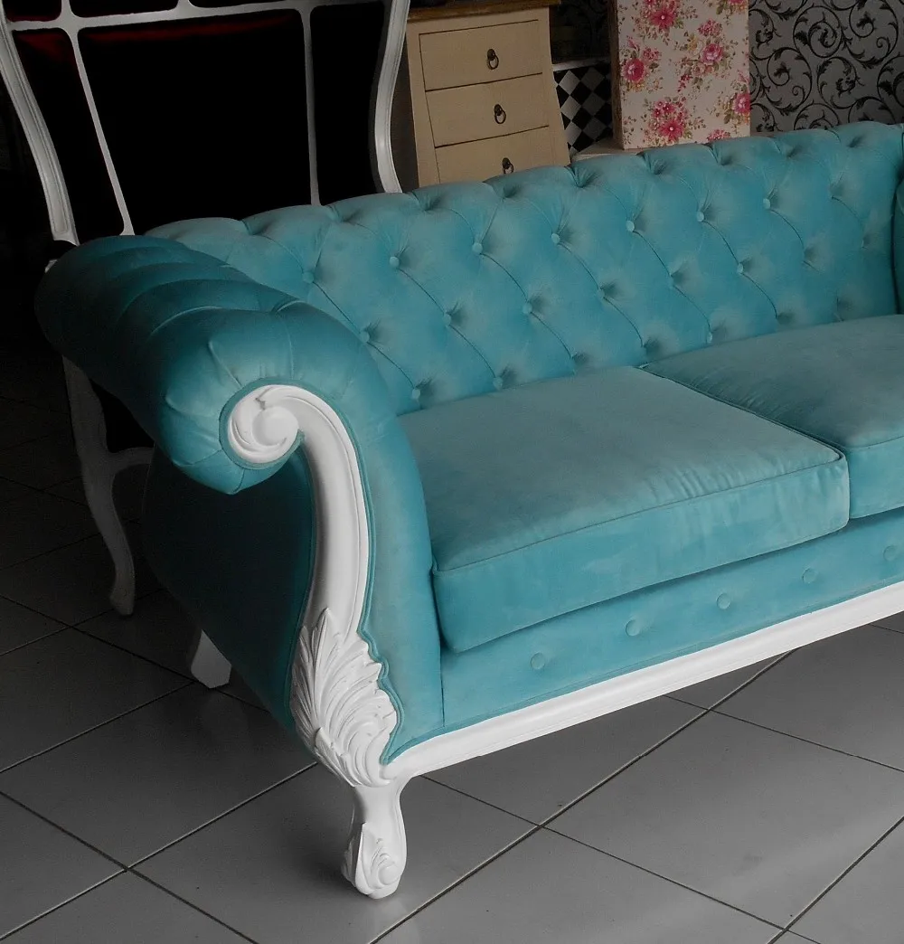 家居和室内木制家具-客厅桃花心木浅蓝色雕花沙发