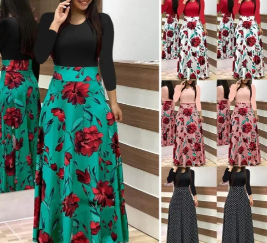 

new fashion design long sleeve women long dresses with printed OCW9010