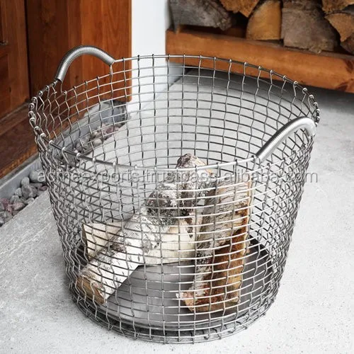Wire Mesh Round Metal Log Basket Holder With Handles Buy Wooden