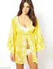 Perfect Elegant Stunning Yellow White Embroidery Front Tie Drawstring Wide Bell Sleeves Swim Women Cover up Kimono Wrap Caftan
