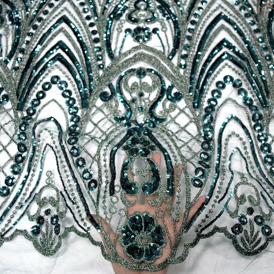 
newest dark green sequin net embroidery fabric embroidery tulle lace wedding lace fabric with beads HY0721 2 