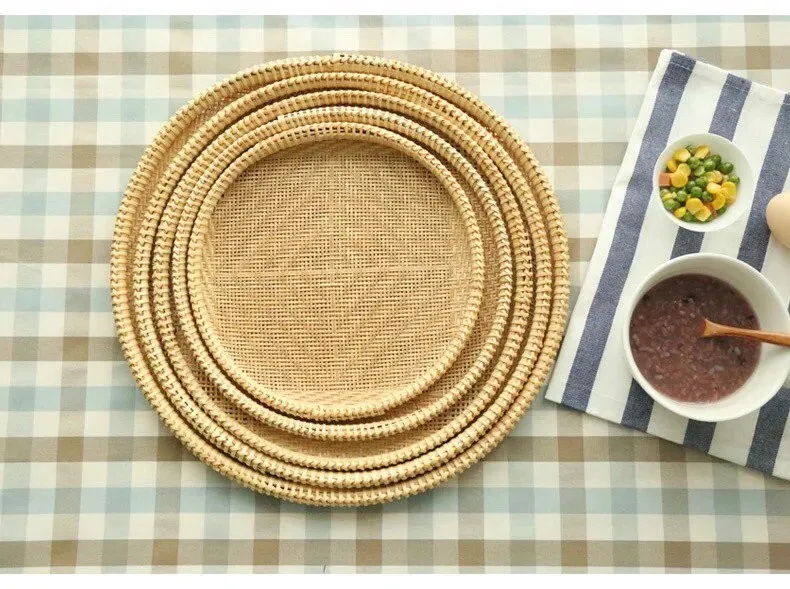 Natural Hand Woven Bamboo Fruit Food Serving Display Round Tray Set ...