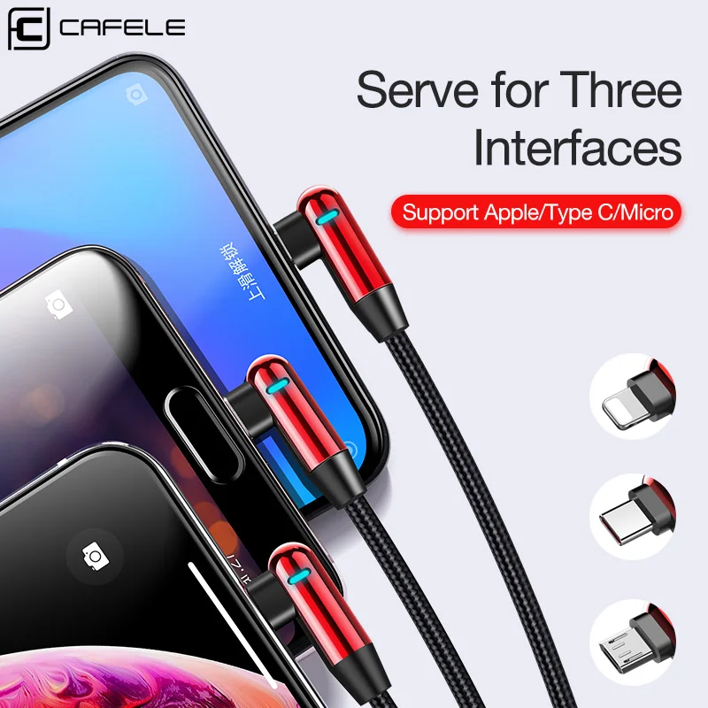 Cafele multi 3 in 1 Led Mobile Phone Type C 90 degree Right angle for iPhone Charging Micro USB Cable Charger