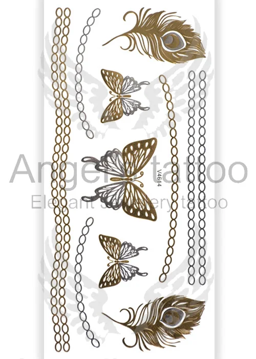 Fashionable Woman Jewelry Feathers - Flash Metallic Temporary Tattoo - Gold & Silver Color