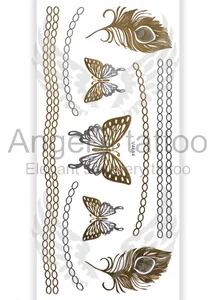 Fashionable Woman Jewelry Feathers - Flash Metallic Temporary Tattoo - Gold & Silver Color