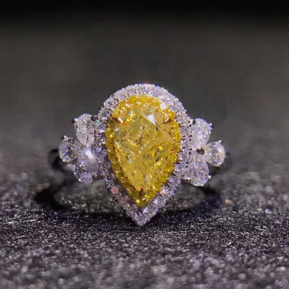 

925 Sterling Silver Jewelry Yellow Cubic Zirconia Diamond Pear Shape Rhodium Engagement Halo Diamond Ring, Custom colors