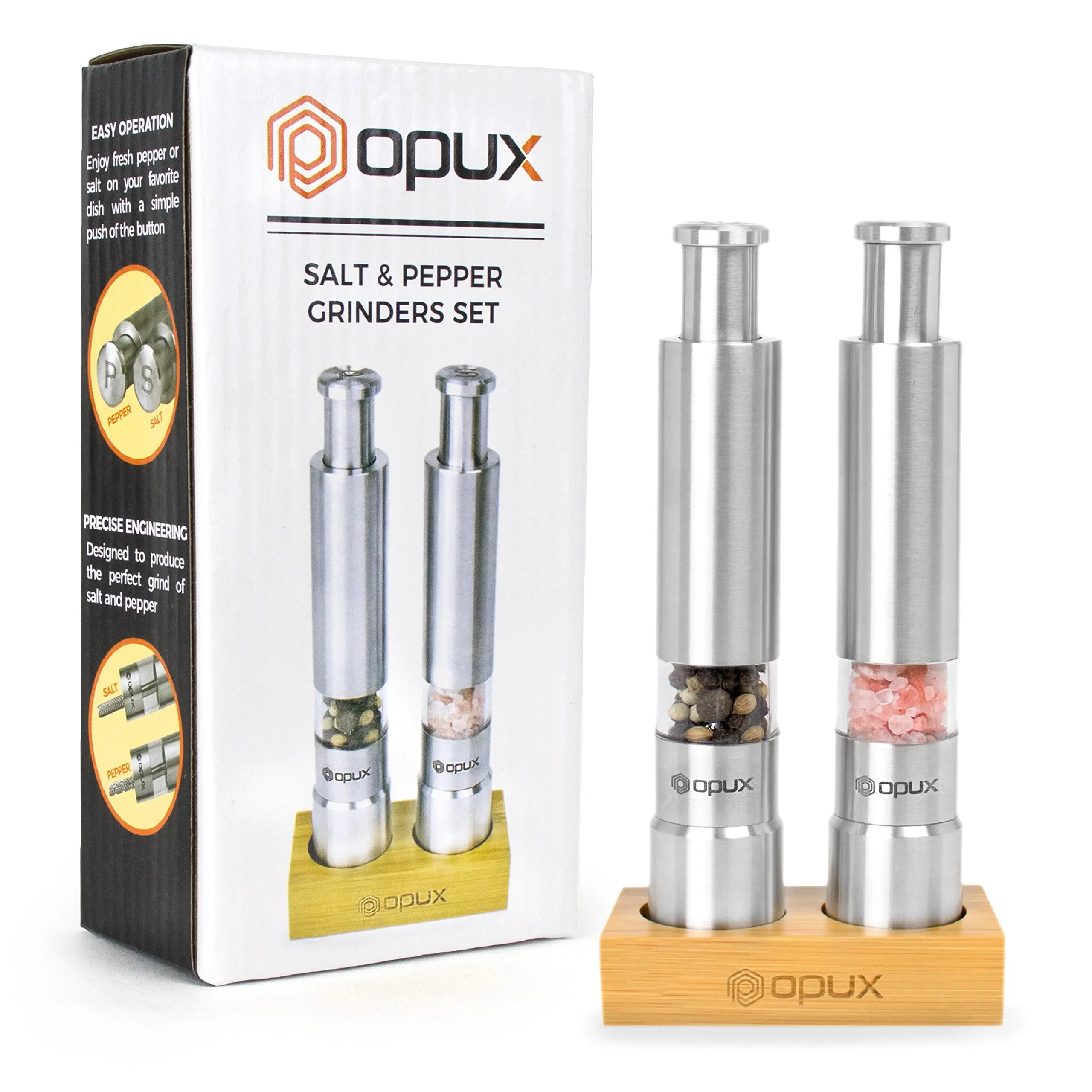 Grind set. Electric pepper and salt grinder set with stand.