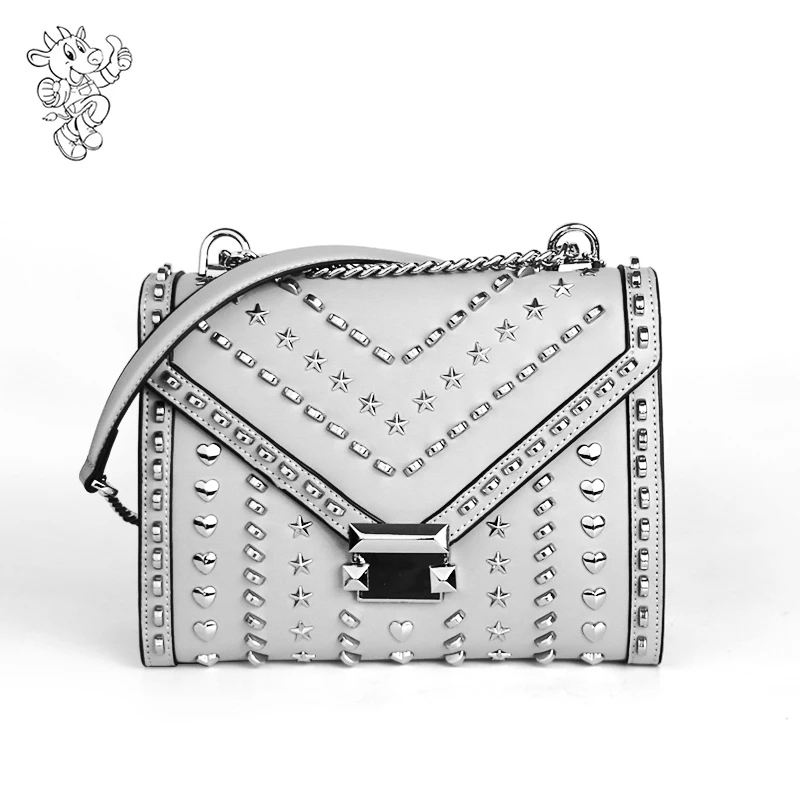 

2020 New Trendy Designer Rivets 100% Genuine Leather Handbags Famous Brands Ladies Shoulder Bags