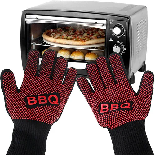 

Heat resistant non-slip BBQ grilling retardant potholder gloves Oven Mitt Baking Cook Kitchen Barbecue Gloves Lining Cotton, Red