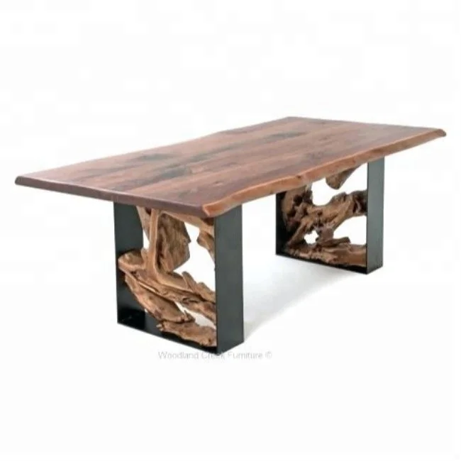 
Industrial & vintage black iron metal & natural acacia live edge dining table 