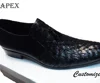 Black BUll Leather Shoes , KNitting with double upper by hand made 100 percent . NWb0035 Art ... Men Leather shoes