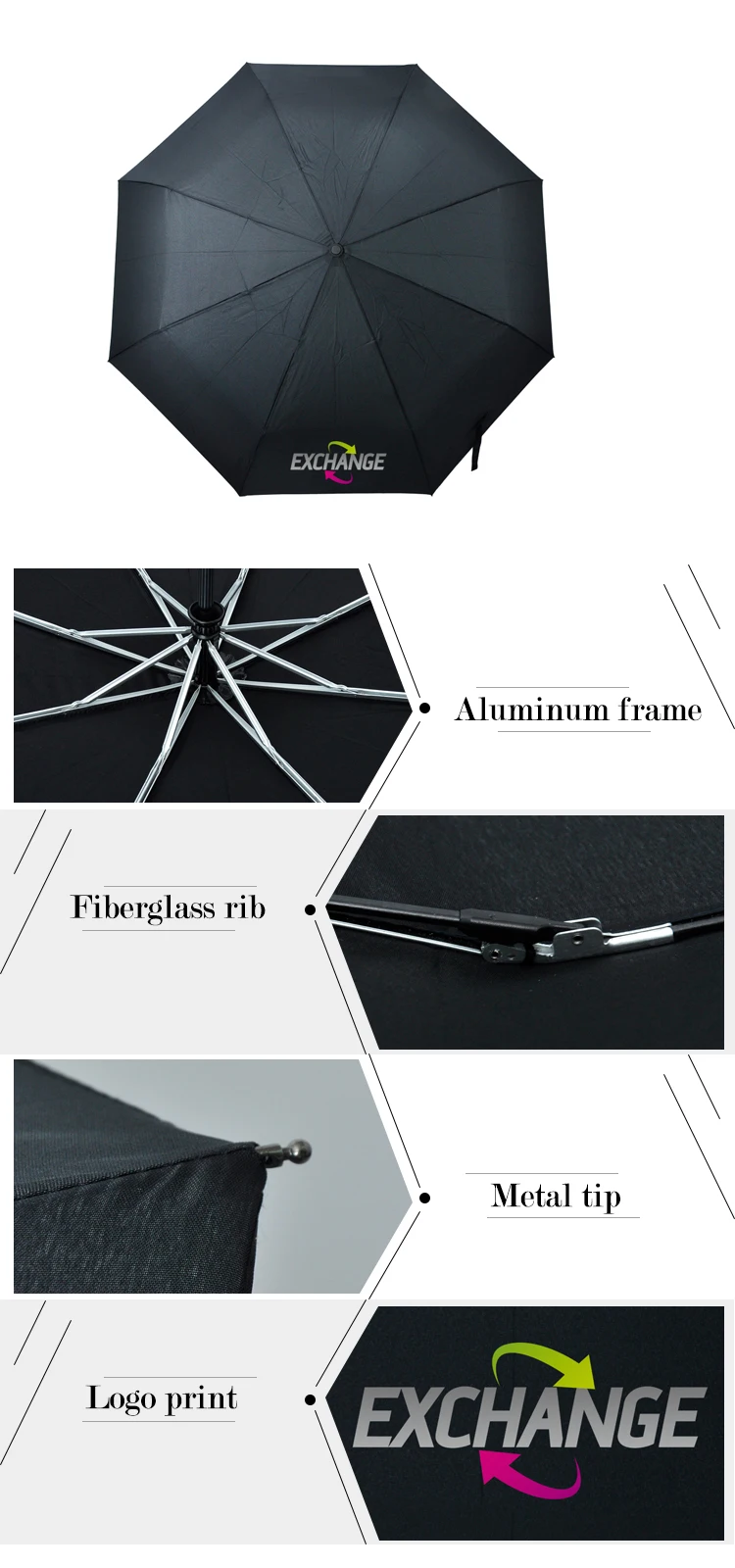 FF-09 wholesale custom logo black auto open 3 folding golf automatic umbrella