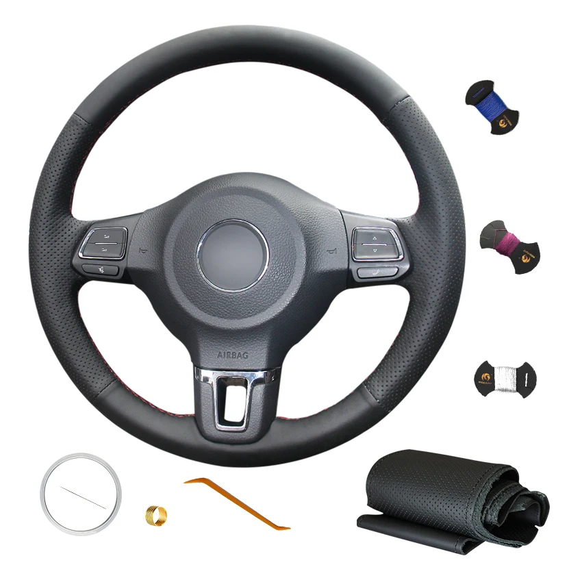 

Custom Fit Black Leather Car Steering Wheel Cover for Volkswagen Golf 6 Mk6 VW Polo Sagitar Bora Santana Jetta