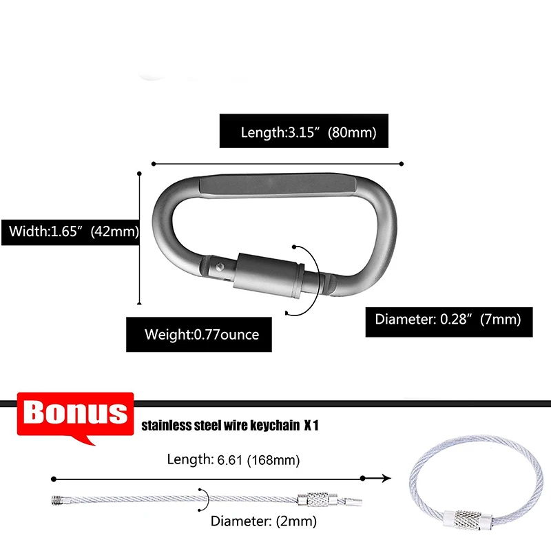 Aluminum D Ring Locking Carabiner Clip Camping Key Chain Screw Hook Carabiner Grey D Shape Super Strong Outdoor Aluminum 6061