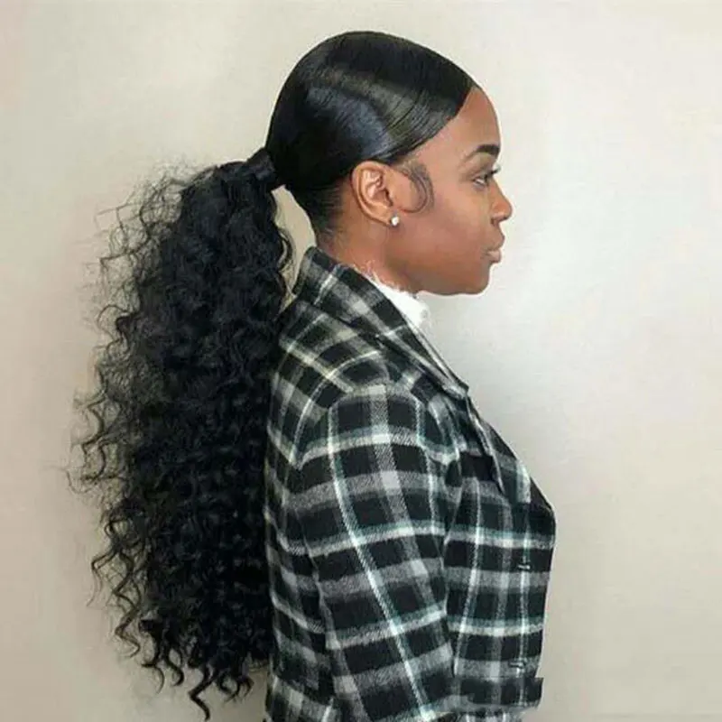 Factory sale 100% virgin brazilian #1B color kinky curly human ponytail hair extension for black woman