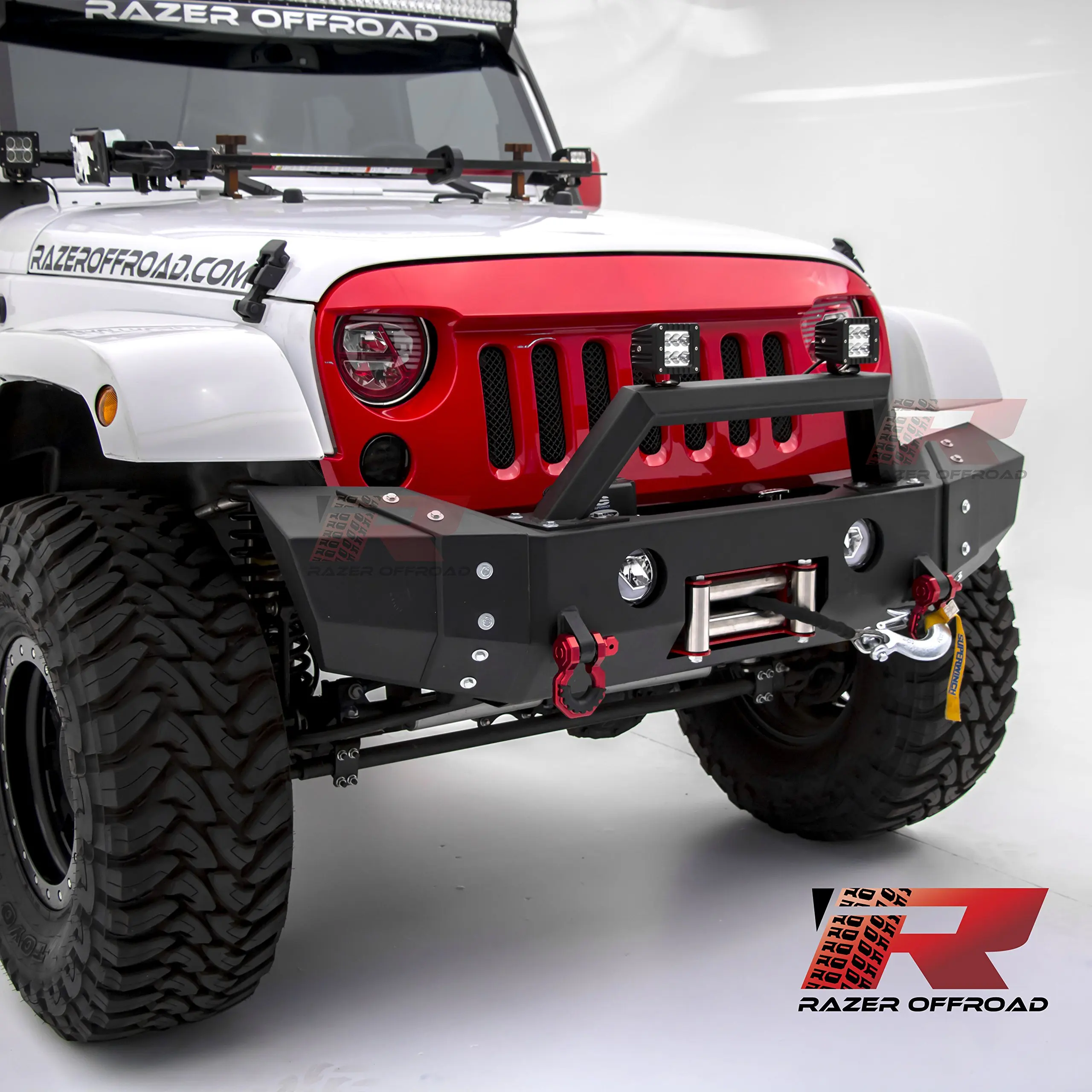 Razer Auto 07-17 Jeep Wrangler JK Black Textured Rock Crawler Front Bumper with OE Fog Light Hole, 2x D-Ring & Built-In Winch Mount Plate (Black)