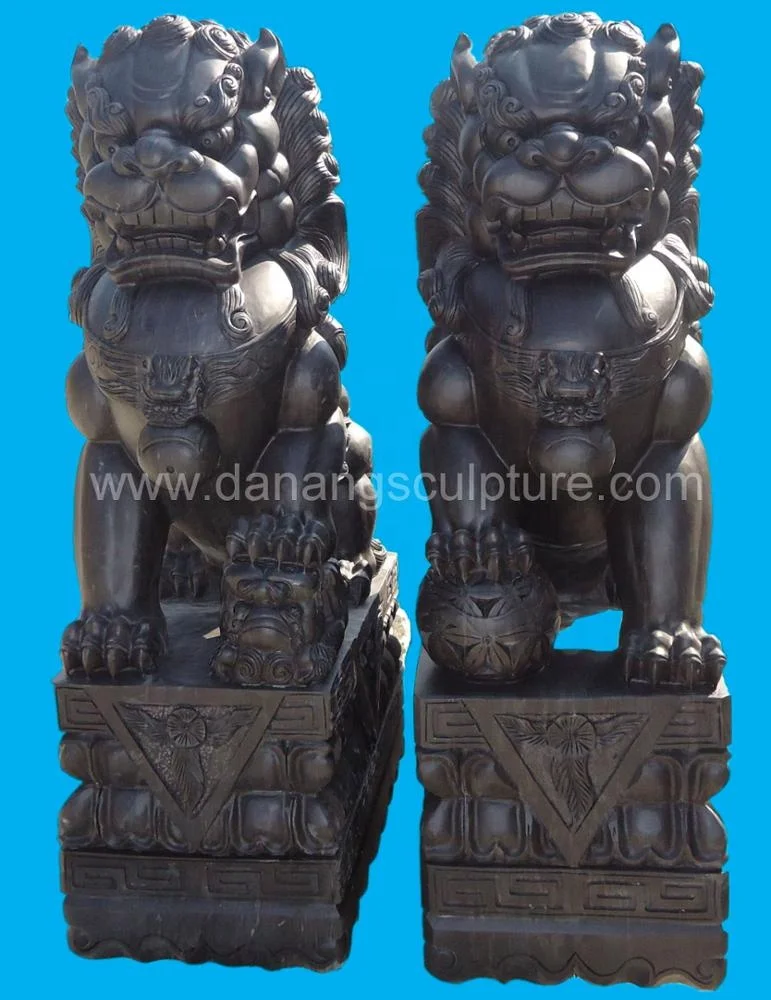 Vietnamese Factory Hand Carved Foo Dog Statue Black Marble Statues Fu