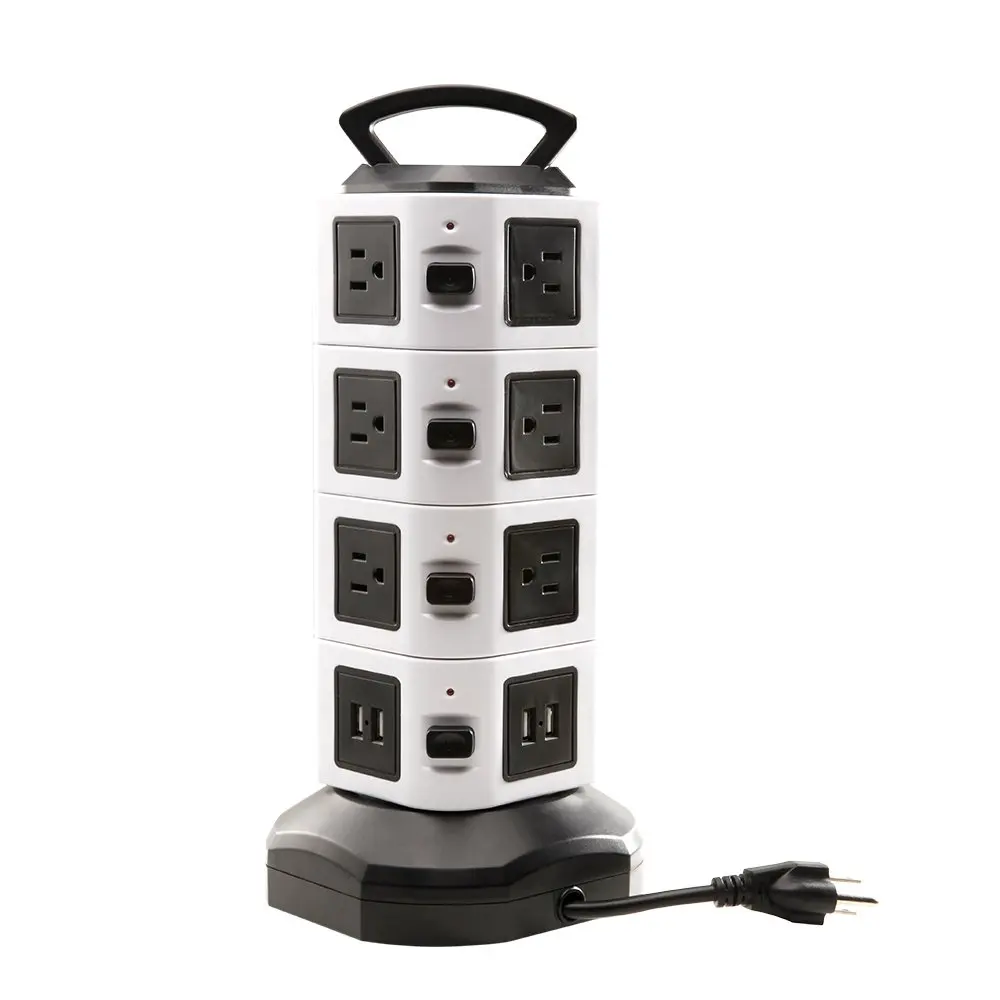 Power Strip Tower Surge Protector Electric Charging Station 10 Outlet Plugs with 4 USB Slot 6ft Cord Wire Extension 2500W 13A 16AWG Universal Socket for PC Laptops Mobile Devices 