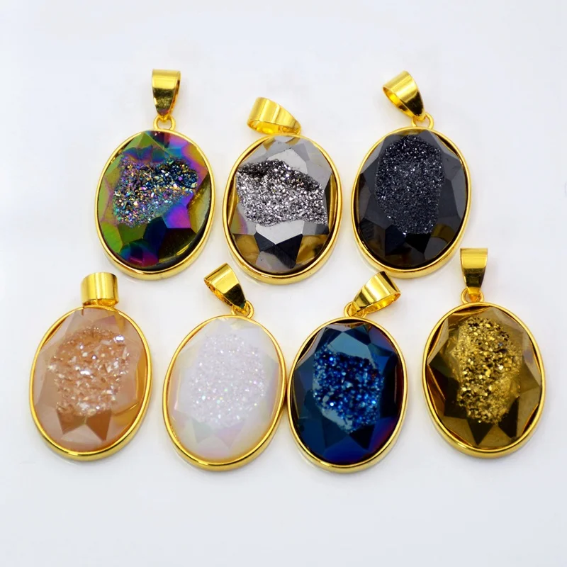 

Oval Agate Druzy Geode Pendant multi color drusy stone charms gold setting drusy jewelry High Quality drop pendant