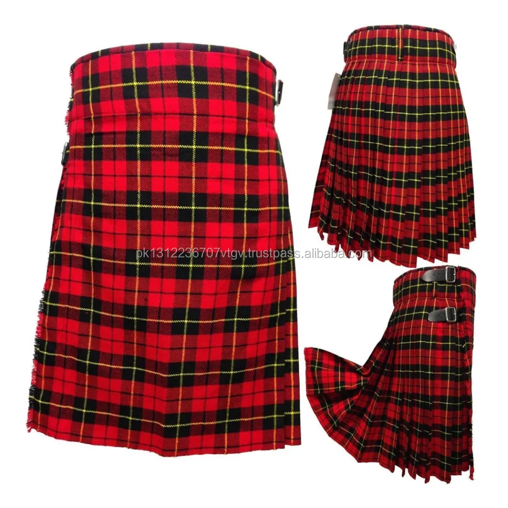Scottish Mackenzie Tartan Pleated to Red Stripes Highland Traditional Men's Kilt 