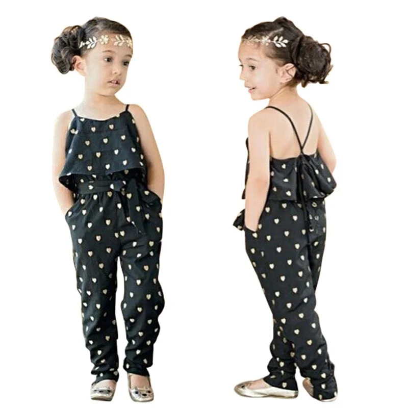

Summer Kids Girls Jumpsuit Heart Pattern Romper Trousers With Belt Outfits