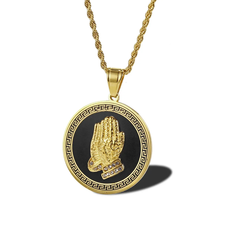 

Round Prayer Buddha Hand Wholesale Custom Hip Hop Jewelry Pendant Stainless Steel Gold Plated Necklace, Picture