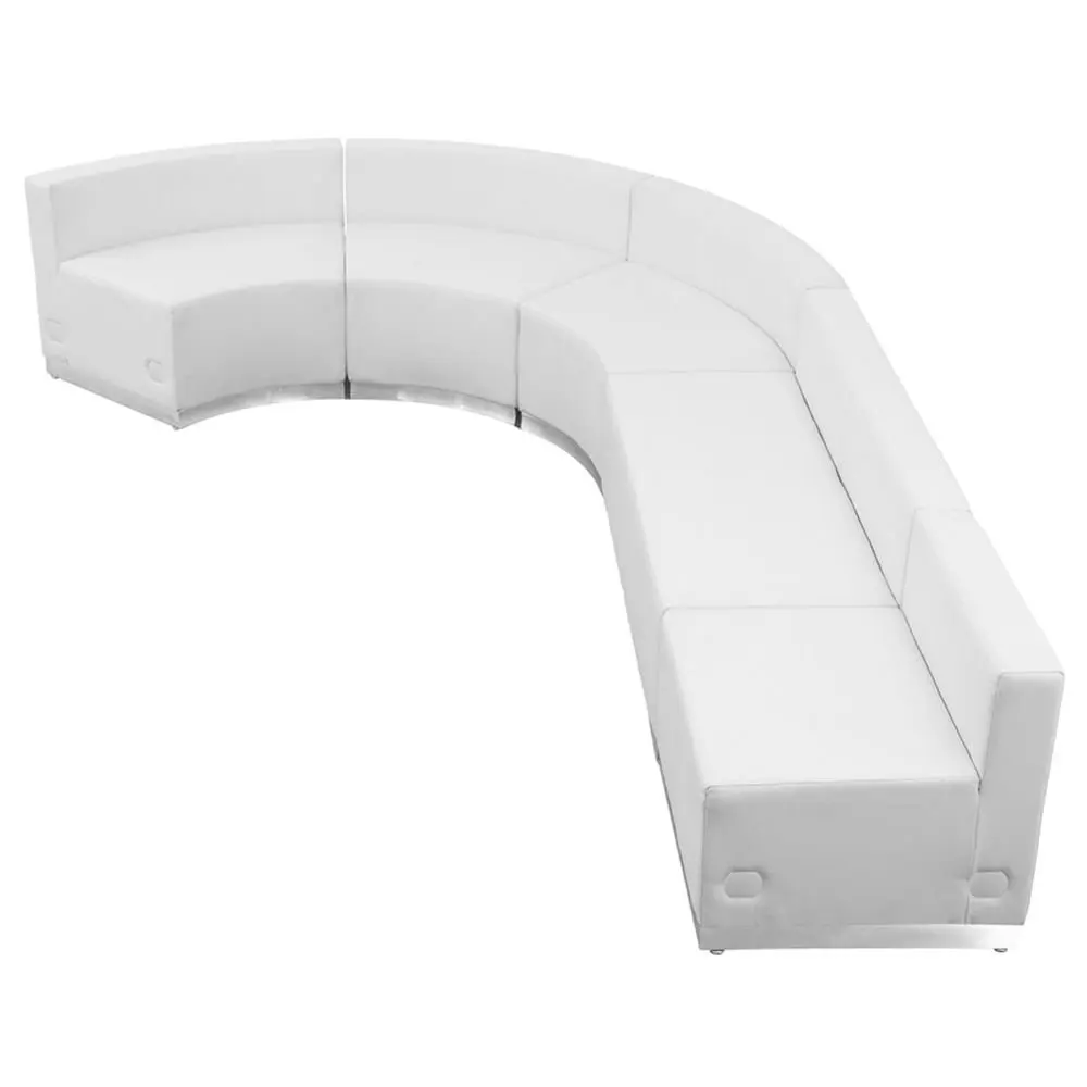 Alon Series J-Shape Reception Seating in Bonded Leather - Five Piece Set Dimensions: 129"W x 89.50"D x 27"H Weight: 238 lbs White Bonded Leather/Brushed Stainless Steel Base