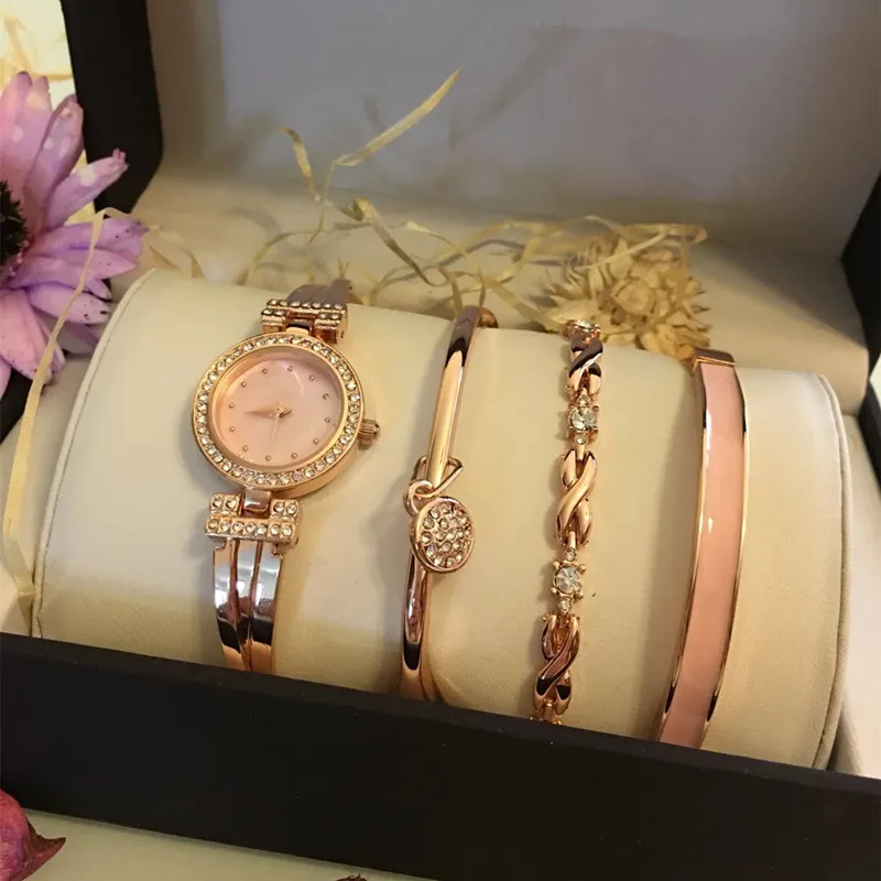 

New arrival fashionable lady watch set MOP dial good quality bracelets bangles rhinestone case 3ATM gift watch set 4 pieces, Any pantone color is okay
